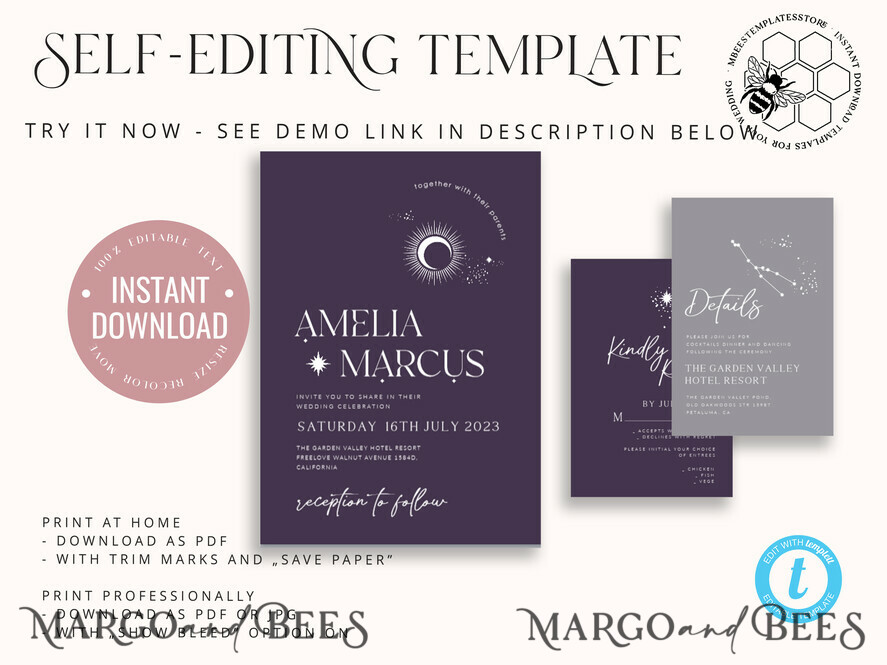 TEMPLETT wedding invitation download Moon wedding invitation template, Instant download Tarot Invites, Moon and Stars Purple Invitation Printable Templates, Self Editabe Wedding Invitation Suite