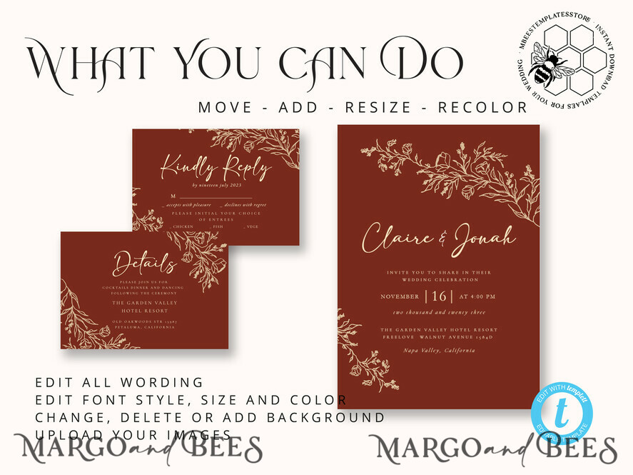 TEMPLETT wedding invitation download Boho fall wedding Invitations Set Template, Instant Download Printable Invites Home Printing,Elegant Terracotta Fine Art Invitation Card Set