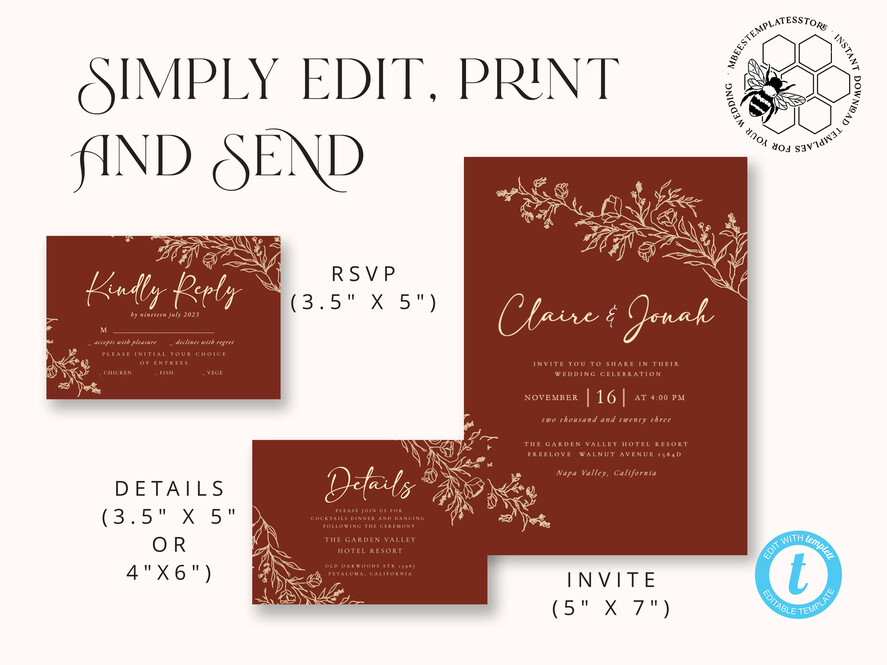 TEMPLETT wedding invitation download Boho fall wedding Invitations Set Template, Instant Download Printable Invites Home Printing,Elegant Terracotta Fine Art Invitation Card Set