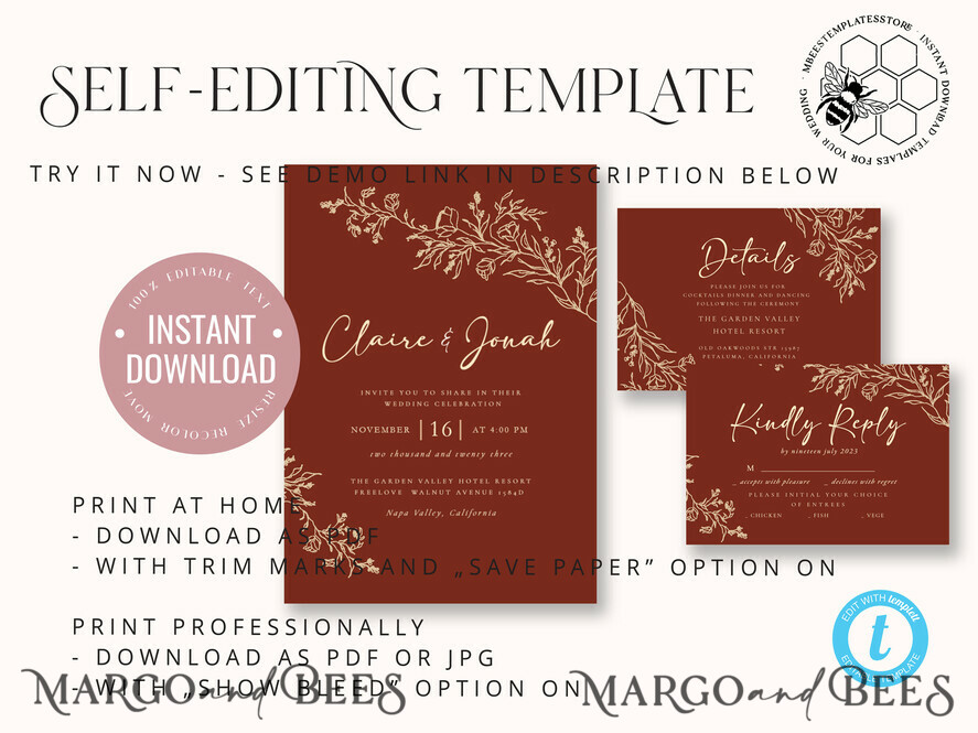 TEMPLETT wedding invitation download Boho fall wedding Invitations Set Template, Instant Download Printable Invites Home Printing,Elegant Terracotta Fine Art Invitation Card Set