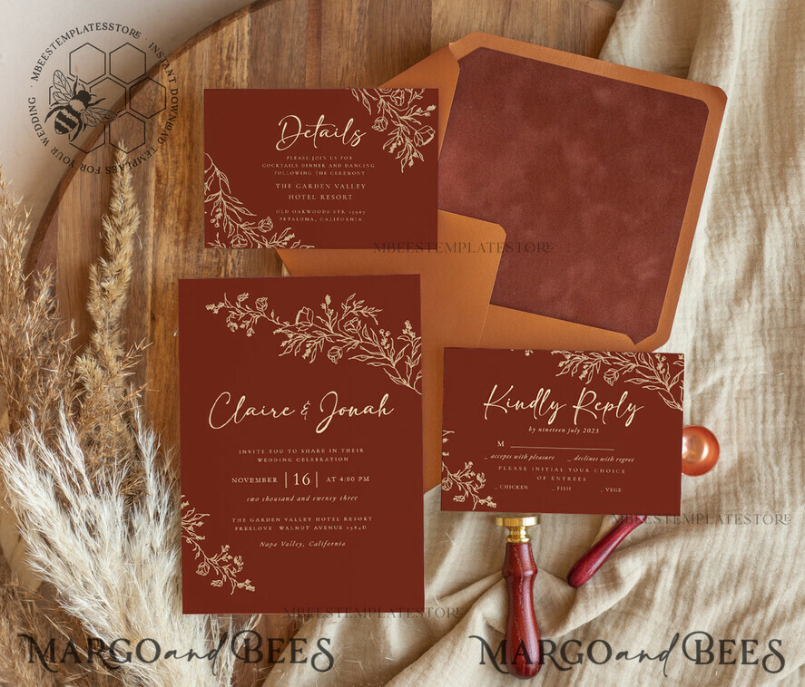 TEMPLETT wedding invitation download Boho fall wedding Invitations Set Template, Instant Download Printable Invites Home Printing,Elegant Terracotta Fine Art Invitation Card Set