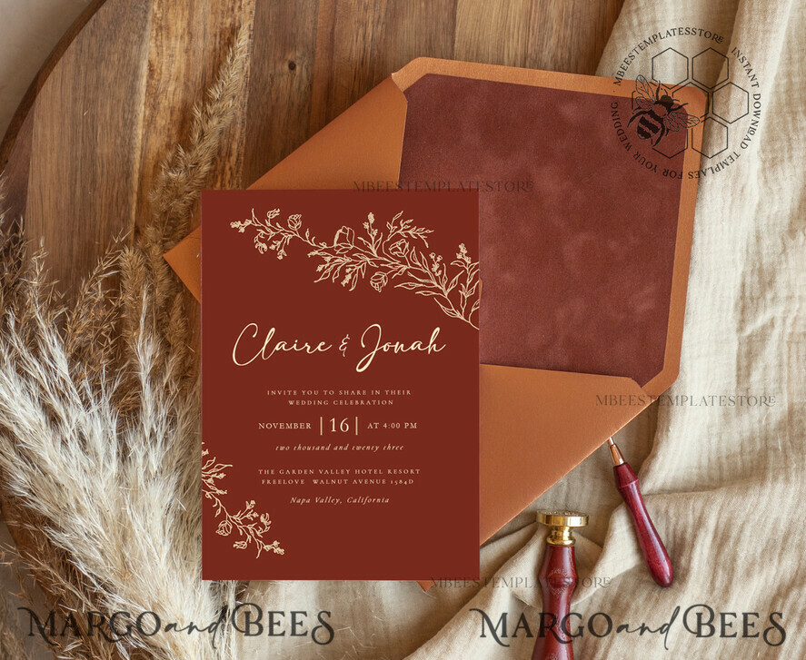 TEMPLETT wedding invitation download Boho fall wedding Invitations Set Template, Instant Download Printable Invites Home Printing,Elegant Terracotta Fine Art Invitation Card Set