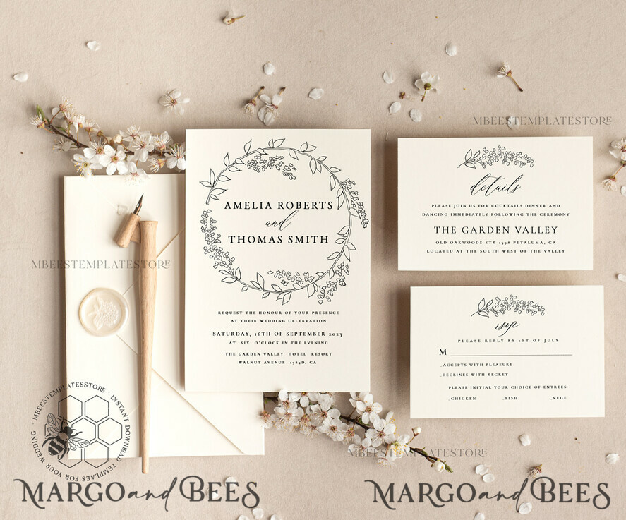 TEMPLETT wedding invitation download Fine art Wreath wedding invitation template, Instant download Boho Wedding Invites, Simple Invitation Printable Template, Elegant Invites