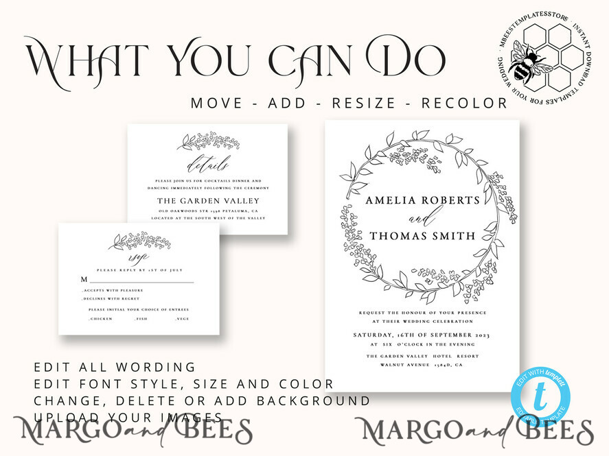 TEMPLETT wedding invitation download Fine art Wreath wedding invitation template, Instant download Boho Wedding Invites, Simple Invitation Printable Template, Elegant Invites