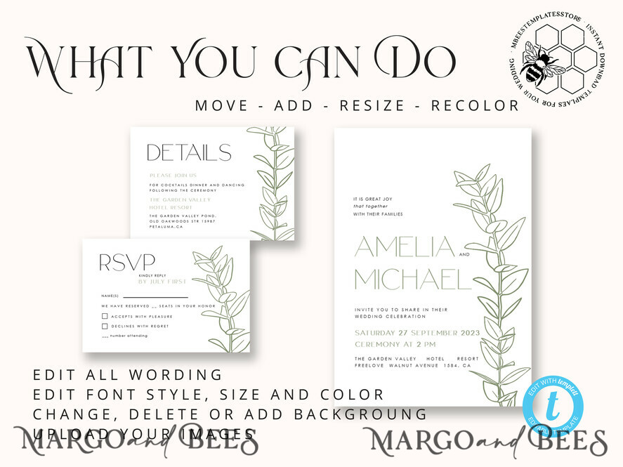 TEMPLETT wedding invitation download Sage Green wedding invitation template, Instant download Greenery Wedding Invites, Eucalyptus Garden Wedding Invitation Printable