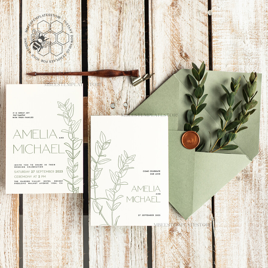 TEMPLETT wedding invitation download Sage Green wedding invitation template, Instant download Greenery Wedding Invites, Eucalyptus Garden Wedding Invitation Printable