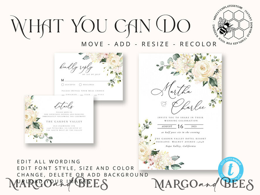 TEMPLETT wedding invitation download Floral wedding Invitations Set Template, Instant Download Printable Invites Home Printing, Simple Boho Wedding Invitation Card Set WRoses55