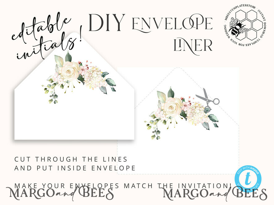TEMPLETT wedding invitation download Floral wedding Invitations Set Template, Instant Download Printable Invites Home Printing, Simple Boho Wedding Invitation Card Set WRoses55