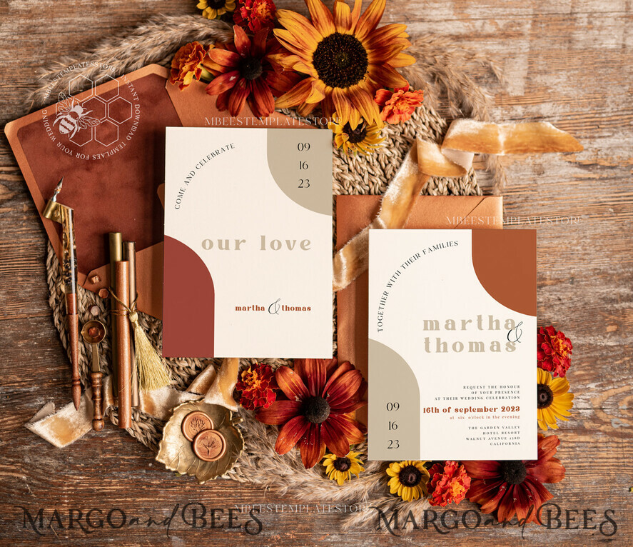 TEMPLETT wedding invitation download Burnt Orange Arch wedding Invitation Set Template, Instant Download Printable Invites Home Printing, Simple Boho Wedding Invitation Card Set, rust inviation template , copper fall invites instant download template online evite set 