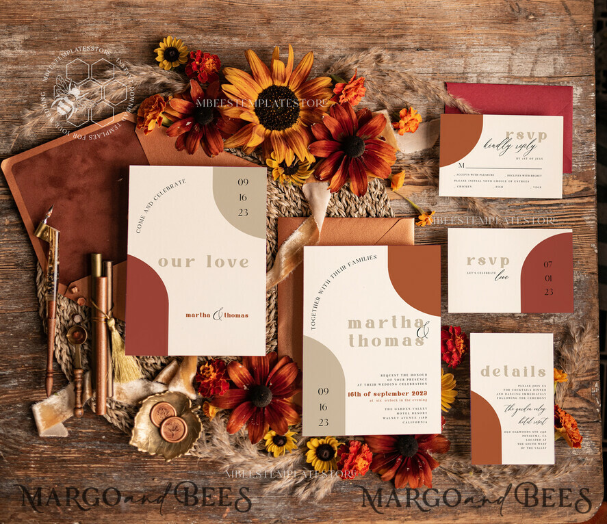 TEMPLETT wedding invitation download Burnt Orange Arch wedding Invitation Set Template, Instant Download Printable Invites Home Printing, Simple Boho Wedding Invitation Card Set, rust inviation template , copper fall invites instant download template online evite set 