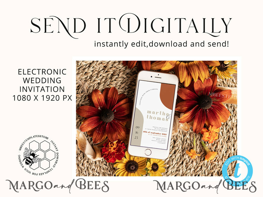 TEMPLETT wedding invitation download Burnt Orange Arch wedding Invitation Set Template, Instant Download Printable Invites Home Printing, Simple Boho Wedding Invitation Card Set, rust inviation template , copper fall invites instant download template online evite set 