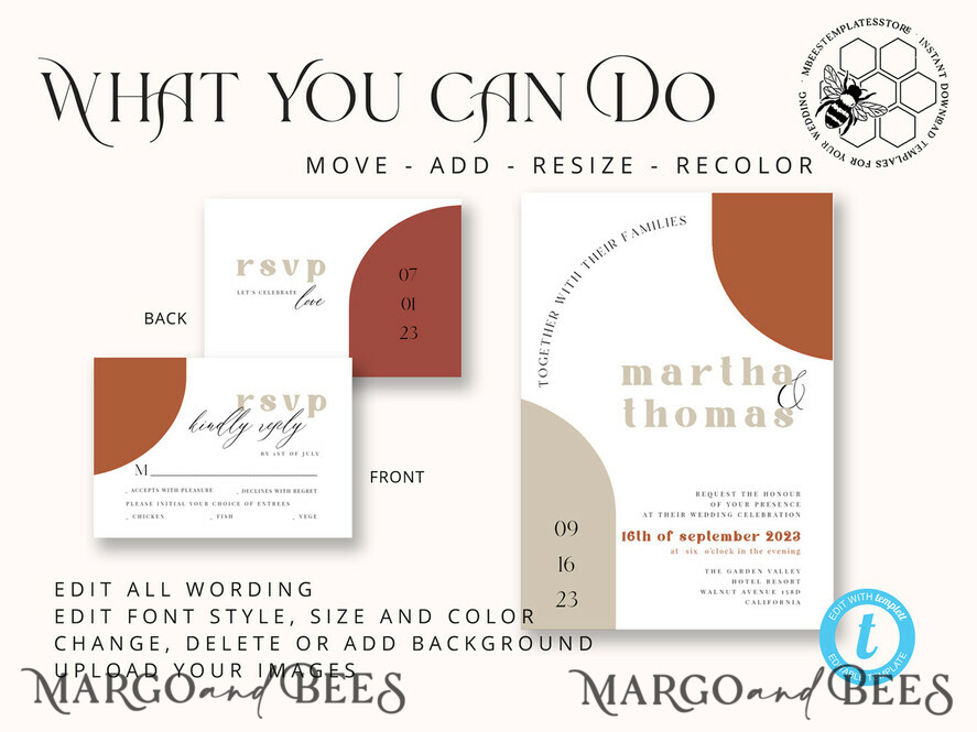 TEMPLETT wedding invitation download Burnt Orange Arch wedding Invitation Set Template, Instant Download Printable Invites Home Printing, Simple Boho Wedding Invitation Card Set, rust inviation template , copper fall invites instant download template online evite set 