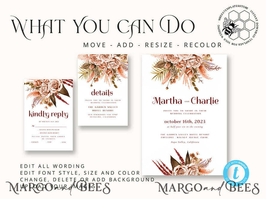 TEMPLETT wedding invitation download Boho fall wedding Invitations Set Template, Instant Download Printable Invites Home Printing, Terracotta Autumn Fine Art Invitation Card Set