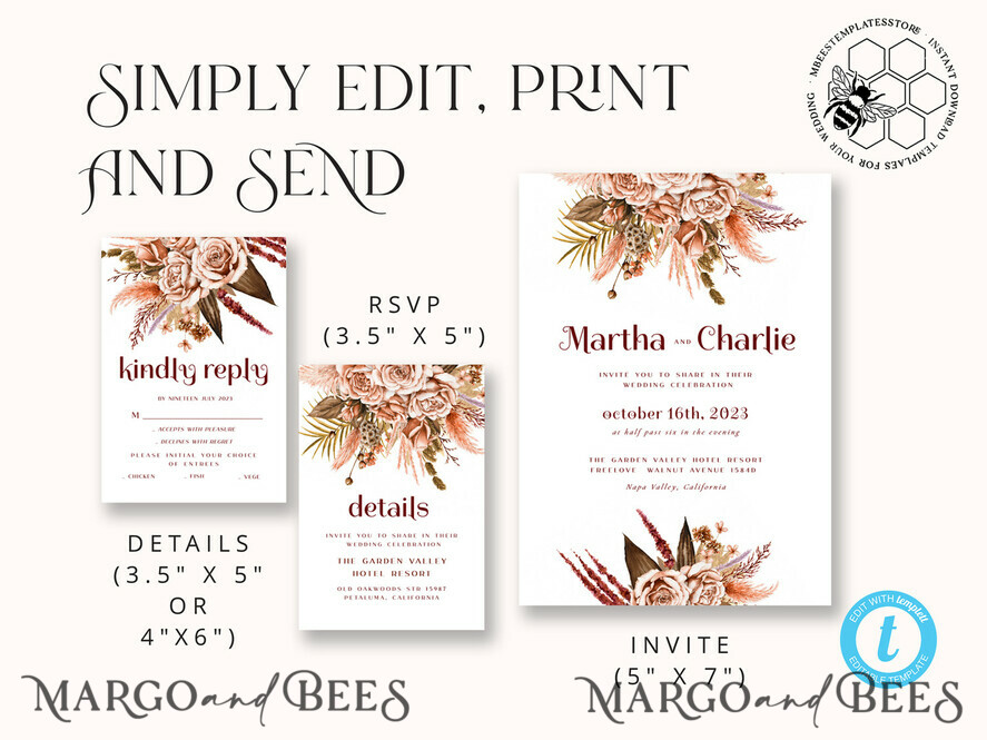 TEMPLETT wedding invitation download Boho fall wedding Invitations Set Template, Instant Download Printable Invites Home Printing, Terracotta Autumn Fine Art Invitation Card Set