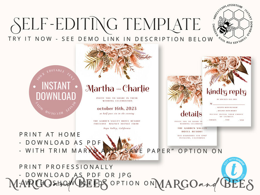 TEMPLETT wedding invitation download Boho fall wedding Invitations Set Template, Instant Download Printable Invites Home Printing, Terracotta Autumn Fine Art Invitation Card Set