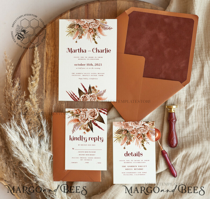 TEMPLETT wedding invitation download Boho fall wedding Invitations Set Template, Instant Download Printable Invites Home Printing, Terracotta Autumn Fine Art Invitation Card Set