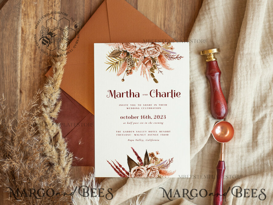 TEMPLETT wedding invitation download Boho fall wedding Invitations Set Template, Instant Download Printable Invites Home Printing, Terracotta Autumn Fine Art Invitation Card Set