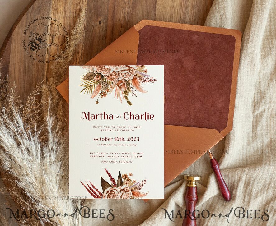 TEMPLETT wedding invitation download Boho fall wedding Invitations Set Template, Instant Download Printable Invites Home Printing, Terracotta Autumn Fine Art Invitation Card Set