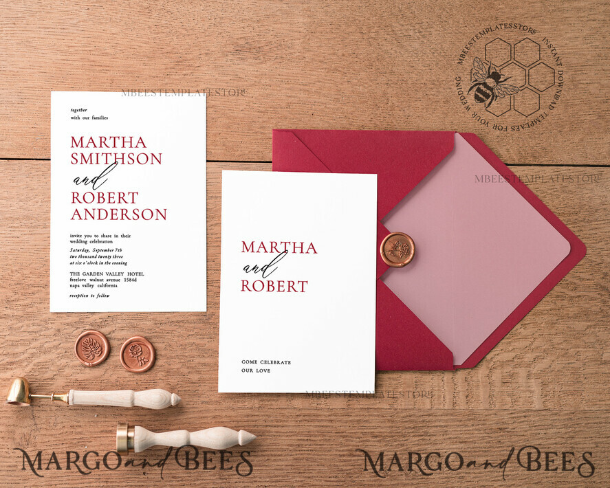 TEMPLETT wedding invitation download Minimalist Maroon wedding invitation template, Instant download Invite, Printable Invites For Home Printing, Burgundy wedding invitations