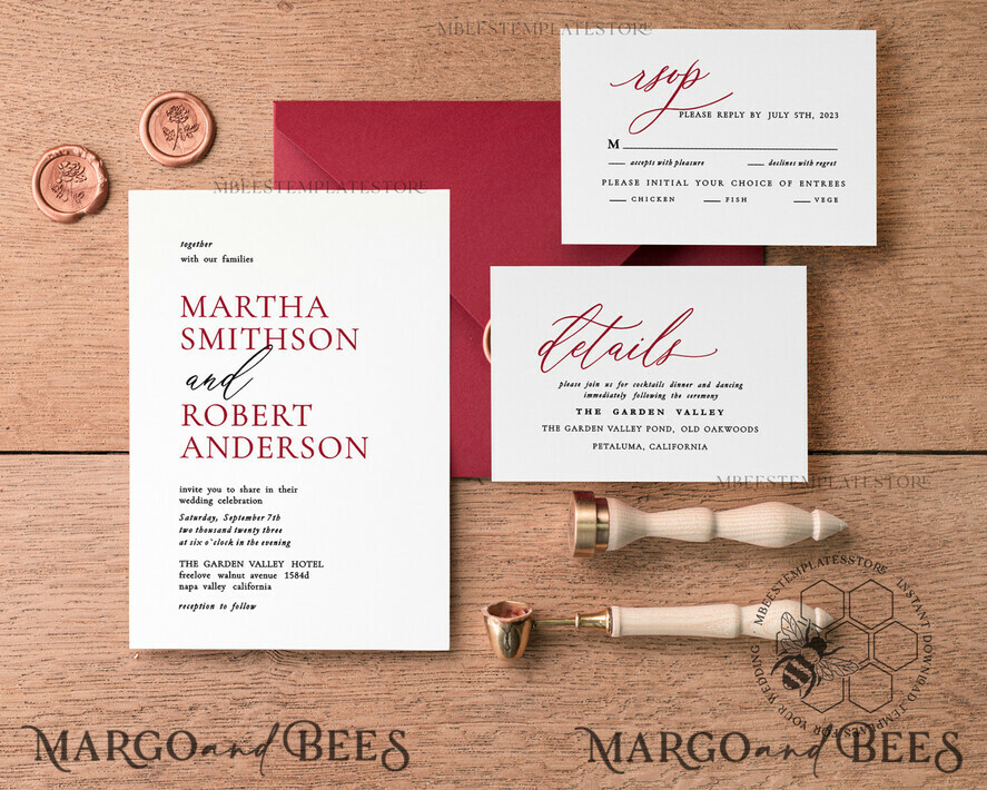 TEMPLETT wedding invitation download Minimalist Maroon wedding invitation template, Instant download Invite, Printable Invites For Home Printing, Burgundy wedding invitations