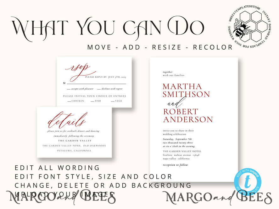 TEMPLETT wedding invitation download Minimalist Maroon wedding invitation template, Instant download Invite, Printable Invites For Home Printing, Burgundy wedding invitations