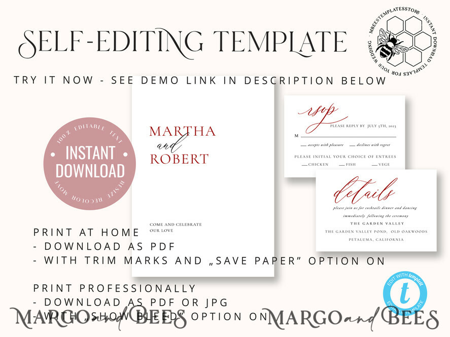 TEMPLETT wedding invitation download Minimalist Maroon wedding invitation template, Instant download Invite, Printable Invites For Home Printing, Burgundy wedding invitations