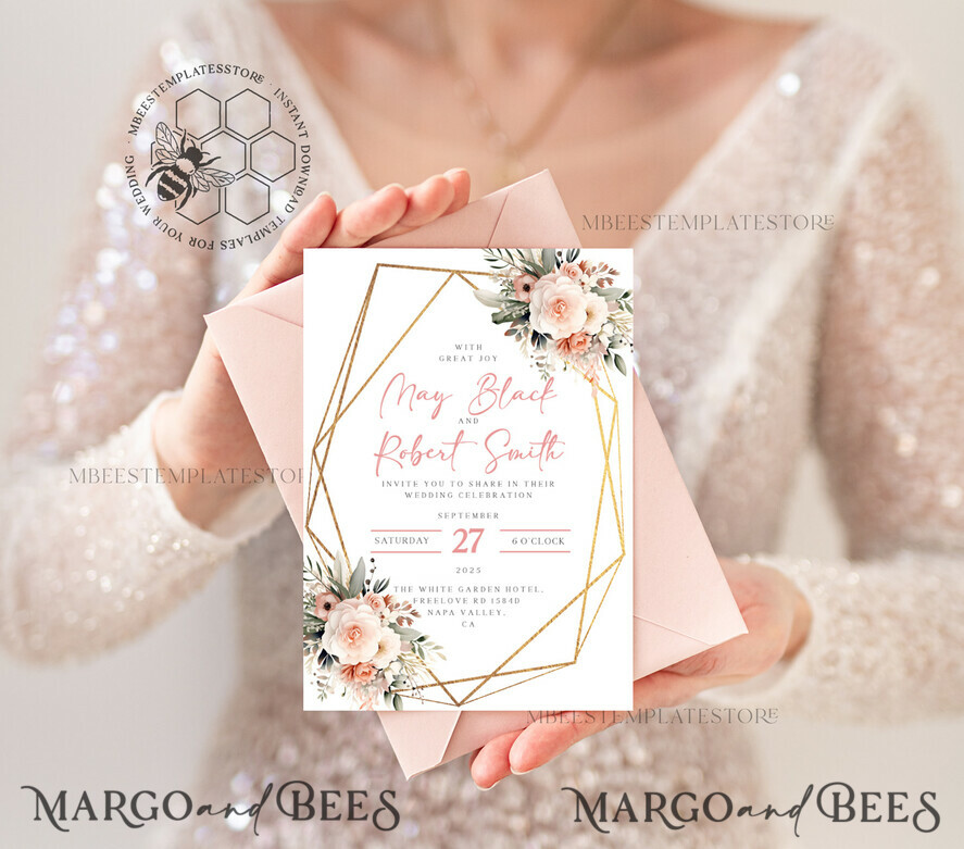 TEMPLETT wedding invitation download Boho Blush Pink Vintage Flowers wedding Invitations Set Template, Instant Download Printable Invites Home Printing, Simple Wedding Cards