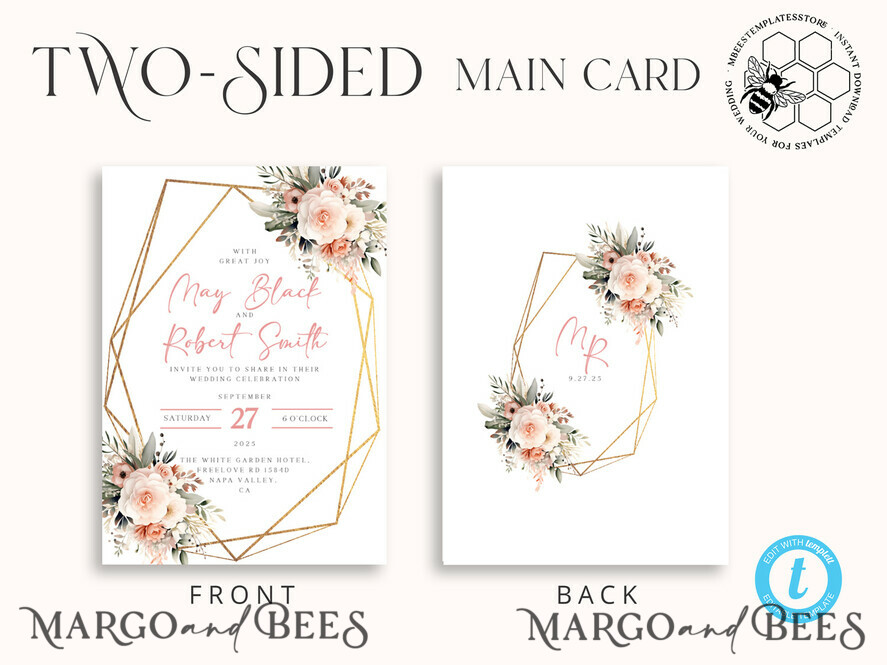 TEMPLETT wedding invitation download Boho Blush Pink Vintage Flowers wedding Invitations Set Template, Instant Download Printable Invites Home Printing, Simple Wedding Cards
