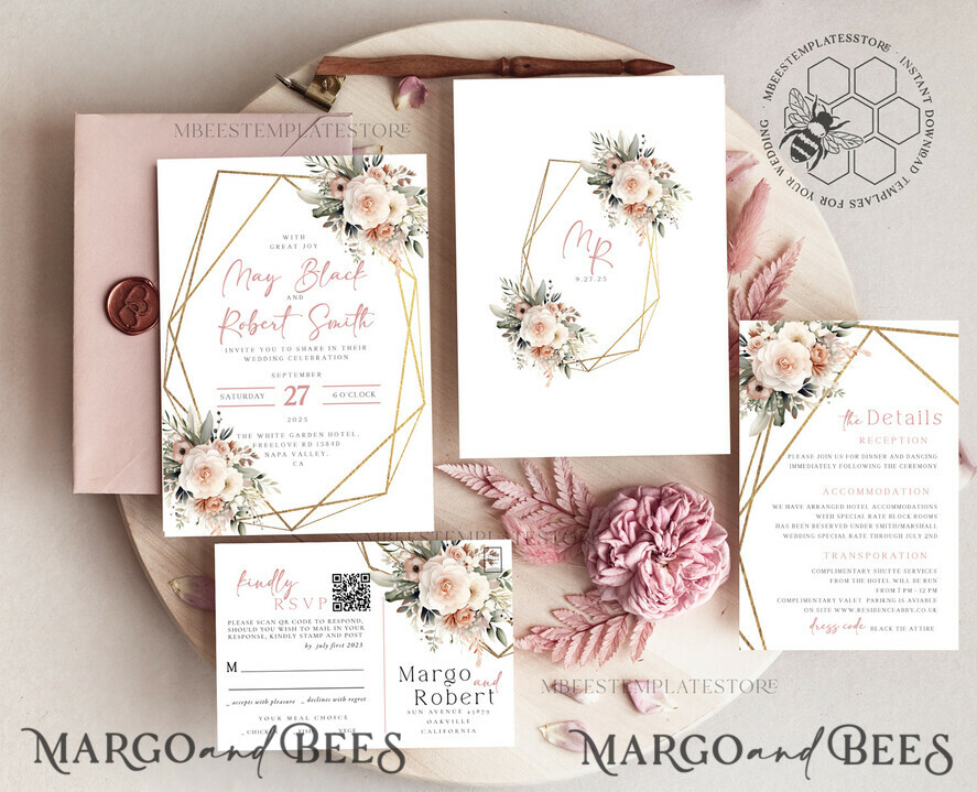 TEMPLETT wedding invitation download Boho Blush Pink Vintage Flowers wedding Invitations Set Template, Instant Download Printable Invites Home Printing, Simple Wedding Cards