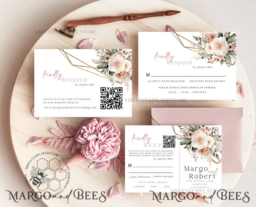 TEMPLETT wedding invitation download Boho Blush Pink Vintage Flowers wedding Invitations Set Template, Instant Download Printable Invites Home Printing, Simple Wedding Cards