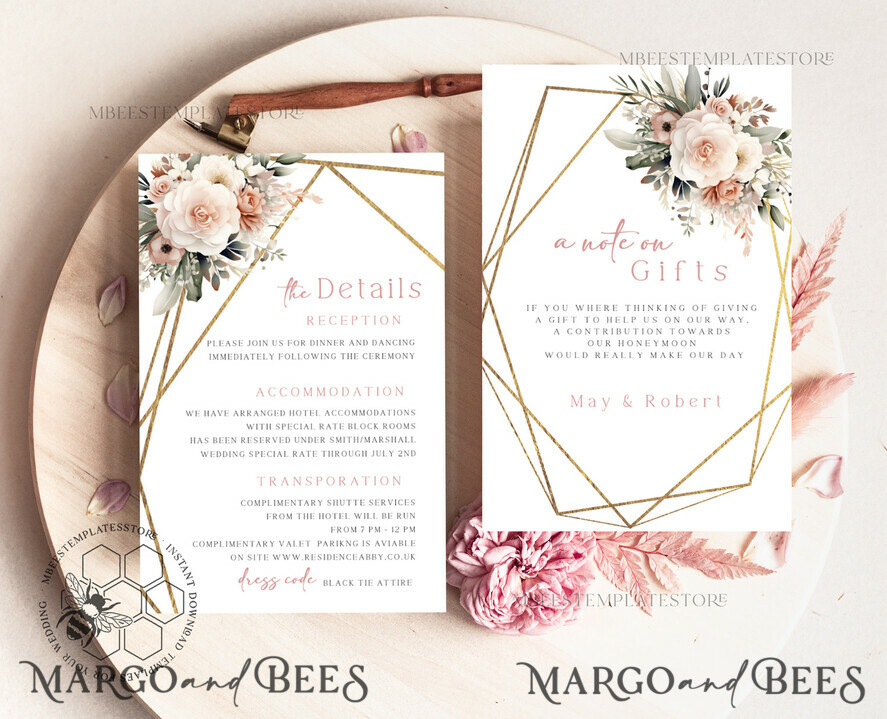TEMPLETT wedding invitation download Boho Blush Pink Vintage Flowers wedding Invitations Set Template, Instant Download Printable Invites Home Printing, Simple Wedding Cards