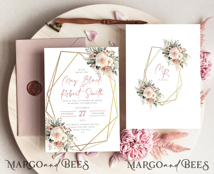 TEMPLETT wedding invitation download Boho Blush Pink Vintage Flowers wedding Invitations Set Template, Instant Download Printable Invites Home Printing, Simple Wedding Cards
