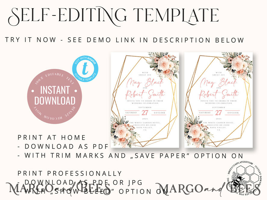 TEMPLETT wedding invitation download Boho Blush Pink Vintage Flowers wedding Invitations Set Template, Instant Download Printable Invites Home Printing, Simple Wedding Cards