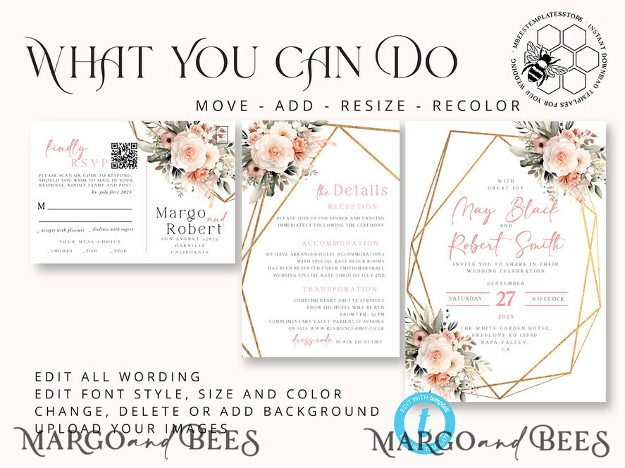 TEMPLETT wedding invitation download Boho Blush Pink Vintage Flowers wedding Invitations Set Template, Instant Download Printable Invites Home Printing, Simple Wedding Cards
