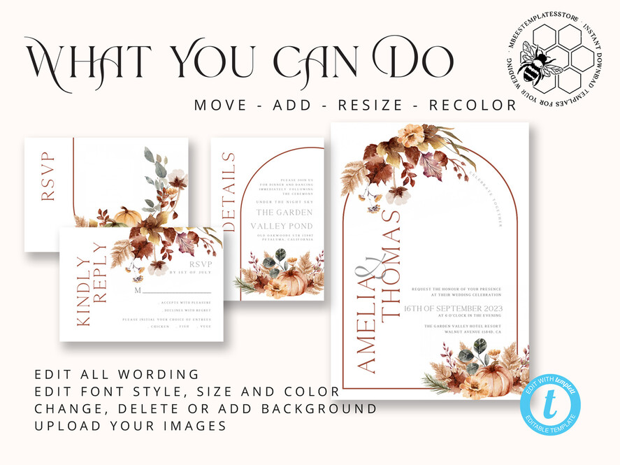 TEMPLETT wedding invitation download  Fall Rustic wedding Invitations Set Template, Instant Download Printable Invites Home Printing, Arch Boho Teracotta Invitation Card Set rust, burnt oragne autumn wedding invitation template set