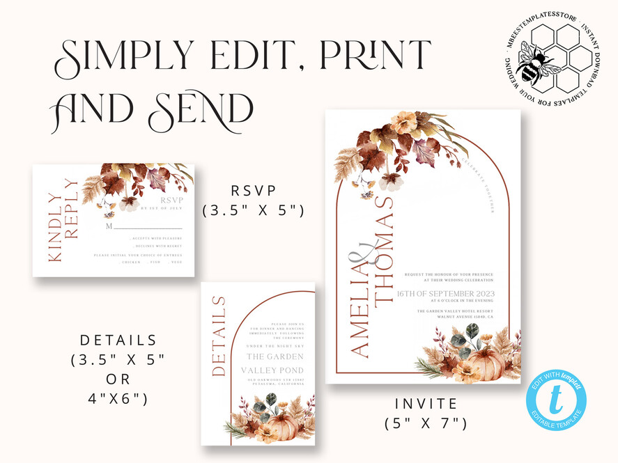 TEMPLETT wedding invitation download  Fall Rustic wedding Invitations Set Template, Instant Download Printable Invites Home Printing, Arch Boho Teracotta Invitation Card Set rust, burnt oragne autumn wedding invitation template set