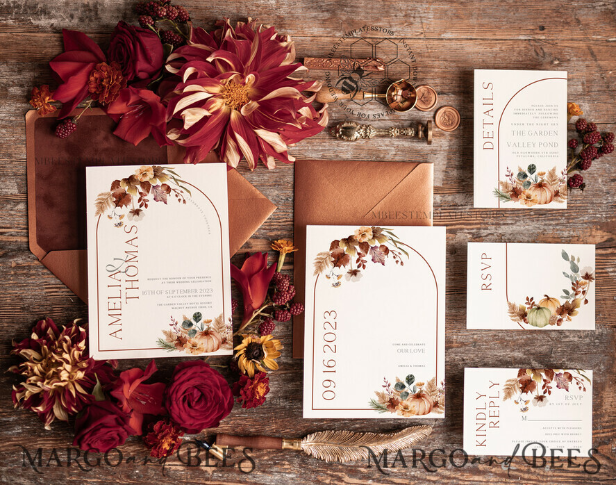 TEMPLETT wedding invitation download  Fall Rustic wedding Invitations Set Template, Instant Download Printable Invites Home Printing, Arch Boho Teracotta Invitation Card Set rust, burnt oragne autumn wedding invitation template set