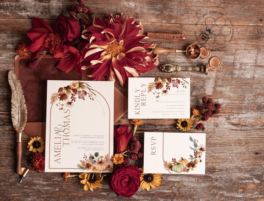TEMPLETT wedding invitation download  Fall Rustic wedding Invitations Set Template, Instant Download Printable Invites Home Printing, Arch Boho Teracotta Invitation Card Set rust, burnt oragne autumn wedding invitation template set