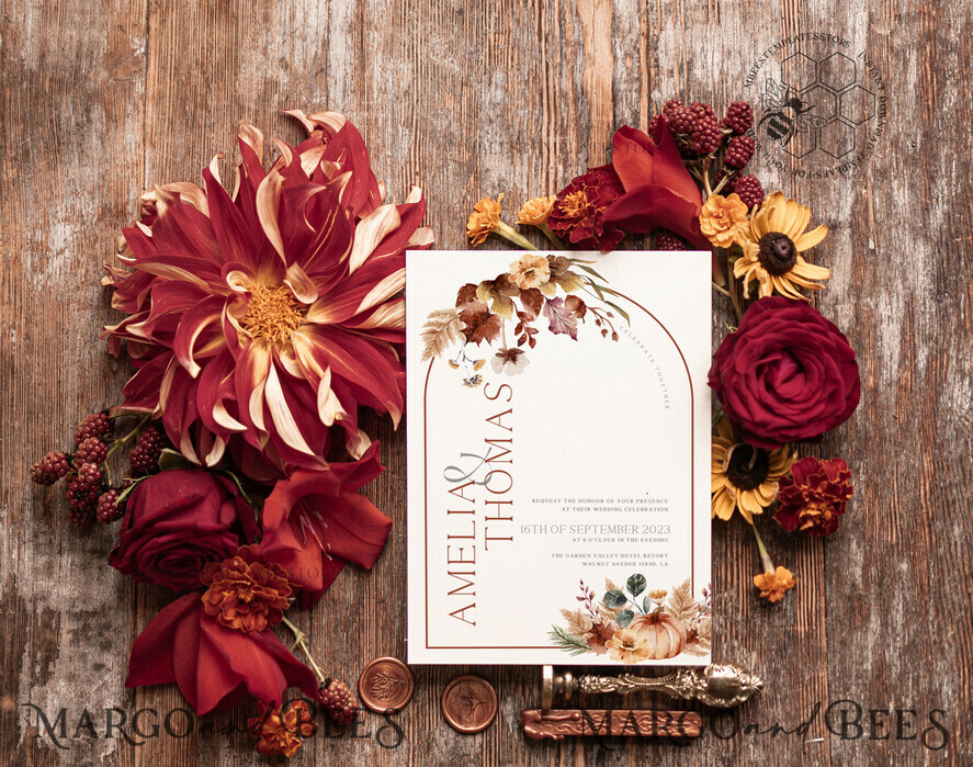 TEMPLETT wedding invitation download  Fall Rustic wedding Invitations Set Template, Instant Download Printable Invites Home Printing, Arch Boho Teracotta Invitation Card Set rust, burnt oragne autumn wedding invitation template set