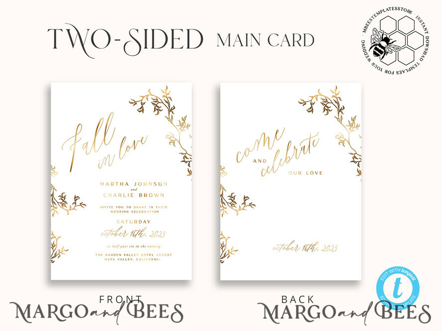 TEMPLETT wedding invitation download Fine art gold wedding invitation template, Instant download Boho Wedding Invites, Simple Golden Fall Invitation Printable Template, Autumn weddig invitation template