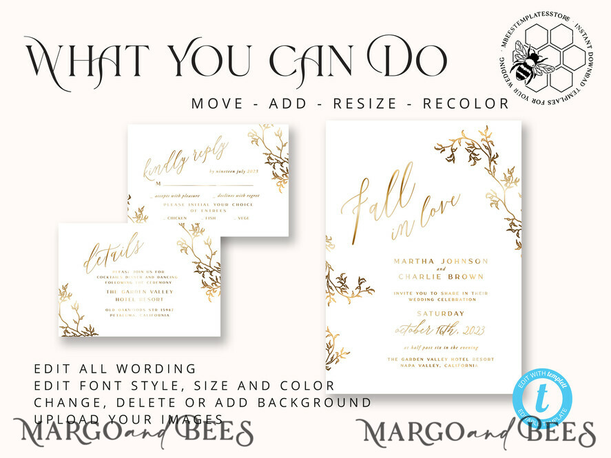 TEMPLETT wedding invitation download Fine art gold wedding invitation template, Instant download Boho Wedding Invites, Simple Golden Fall Invitation Printable Template, Autumn weddig invitation template