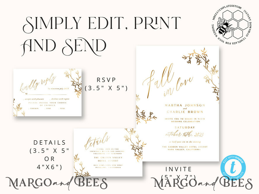 TEMPLETT wedding invitation download Fine art gold wedding invitation template, Instant download Boho Wedding Invites, Simple Golden Fall Invitation Printable Template, Autumn weddig invitation template