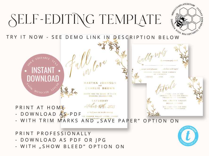 TEMPLETT wedding invitation download Fine art gold wedding invitation template, Instant download Boho Wedding Invites, Simple Golden Fall Invitation Printable Template, Autumn weddig invitation template