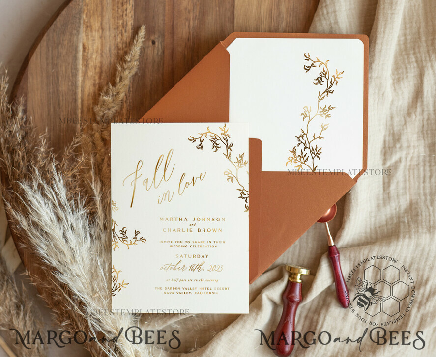 TEMPLETT wedding invitation download Fine art gold wedding invitation template, Instant download Boho Wedding Invites, Simple Golden Fall Invitation Printable Template, Autumn weddig invitation template