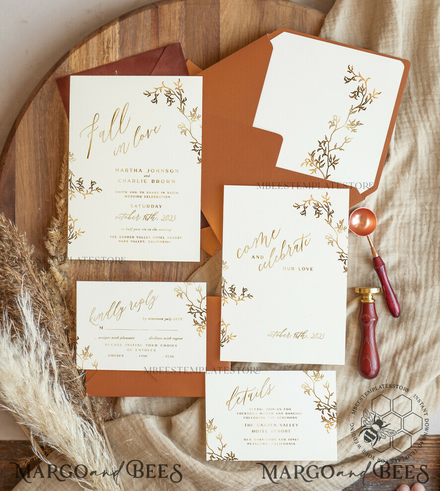TEMPLETT wedding invitation download Fine art gold wedding invitation template, Instant download Boho Wedding Invites, Simple Golden Fall Invitation Printable Template, Autumn weddig invitation template