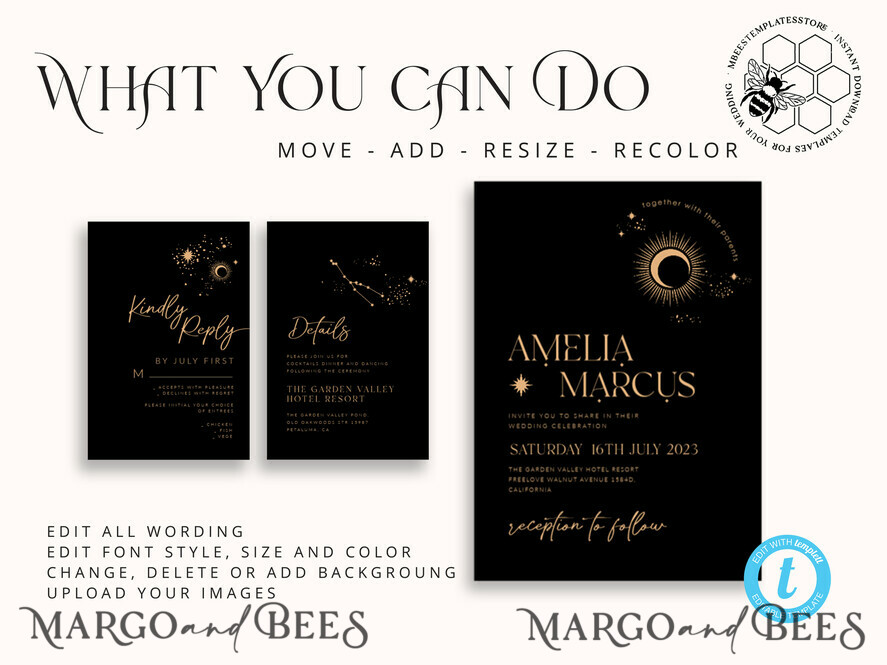 TEMPLETT wedding invitation download Moon wedding invitation template, Instant download Black and Gold Invites, Moon Phases Black Invitation Printable Templates, Self Editabe Wedding Invitation