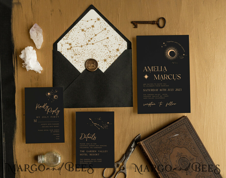 TEMPLETT wedding invitation download Moon wedding invitation template, Instant download Black and Gold Invites, Moon Phases Black Invitation Printable Templates, Self Editabe Wedding Invitation
