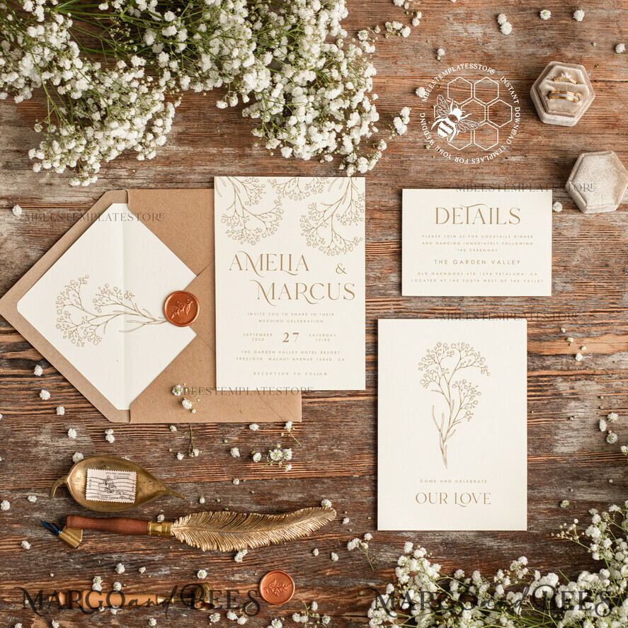 TEMPLETT wedding invitation download Rustic gypsophila wedding Invitations suiteTemplate, Instant Download Printable Invites Home Printing, Boho Baby Breath Wedding Cards Set 
