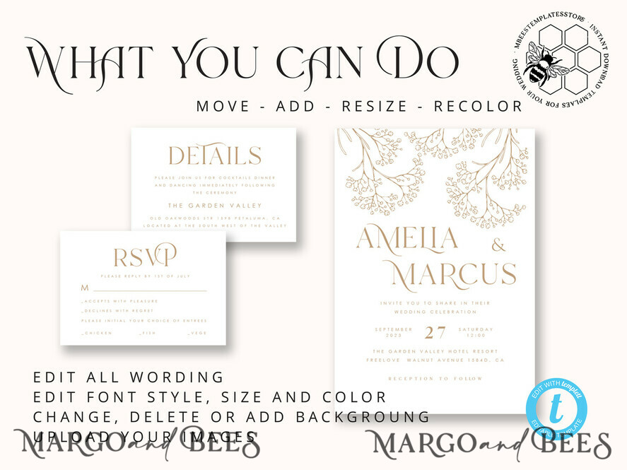 TEMPLETT wedding invitation download Rustic gypsophila wedding Invitations suiteTemplate, Instant Download Printable Invites Home Printing, Boho Baby Breath Wedding Cards Set 