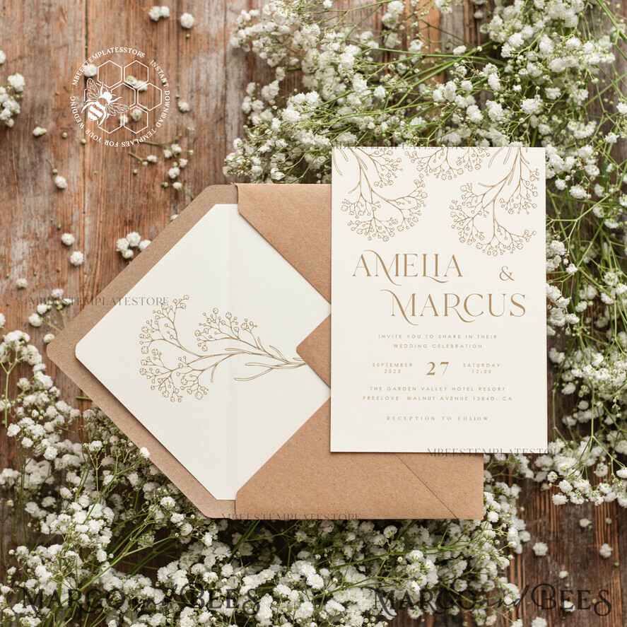 TEMPLETT wedding invitation download Rustic gypsophila wedding Invitations suiteTemplate, Instant Download Printable Invites Home Printing, Boho Baby Breath Wedding Cards Set 